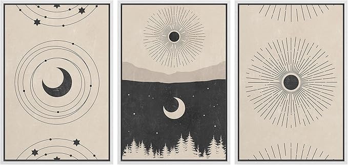 IDEA4WALL Framed Canvas Print Wall Art Set Crescent Moon Shining Sun Forest Galaxy Astronomy & Space Nature Illustrations Modern Art Rustic for Living Room, Bedroom, Office - 24"x36"x3 White