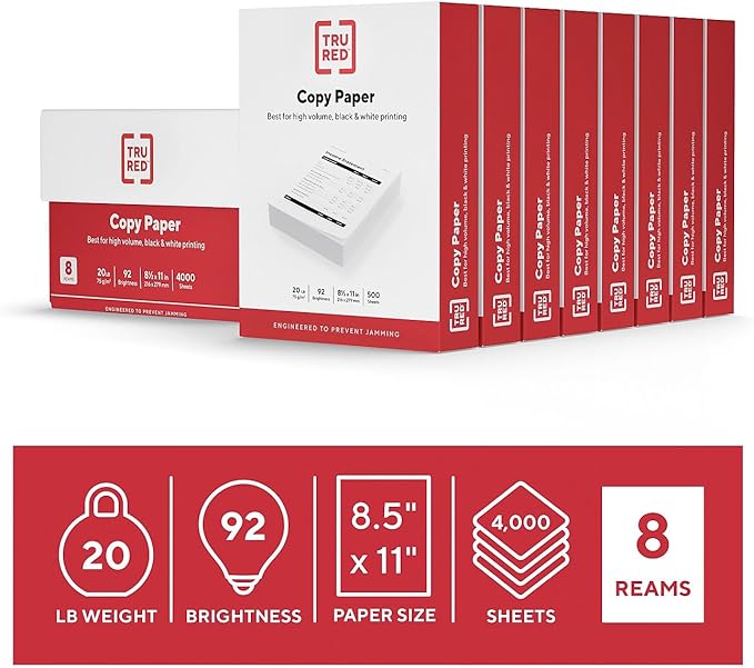 TRU RED 8.5 x 11-Inch Copy Paper, 20 lbs., 92 Bright, 500 Sheets/Ream, 8 Reams/Carton