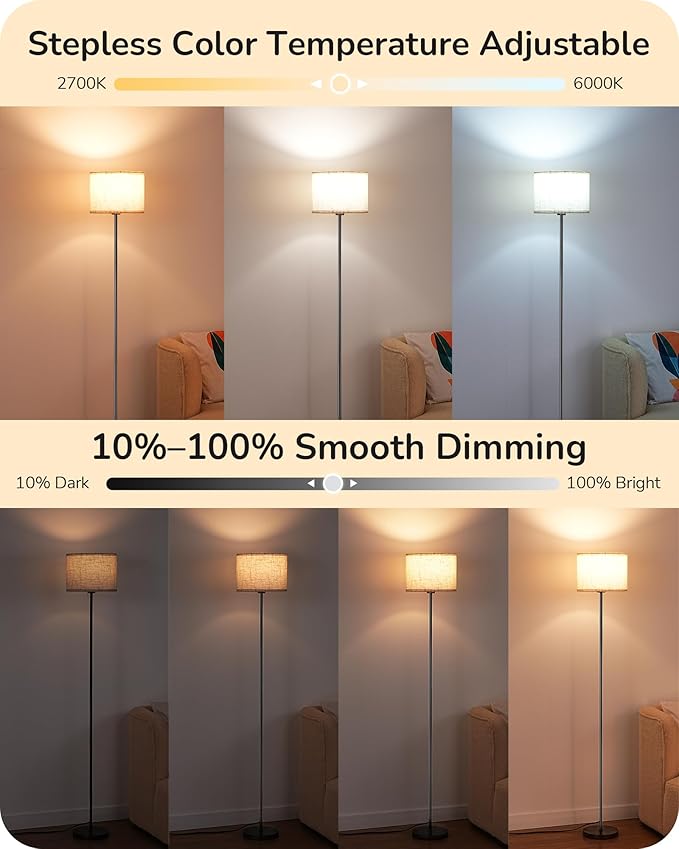 EDISHINE Dual Shades Floor Lamps for Living Room with Foot Switch, 63.7" Modern Standing Lamp with Remote Control, Stepless Dimmable Minimalist Lamps for Bedroom, Office, (9W Bulb Included), Black