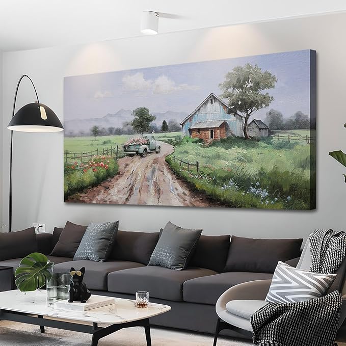 Arjun Landscape Wall Art Canvas Farmhouse Pictures Wall Decor for Living Room, Nature Farm Painting Green Countryside Barn Bedroom Picture Artwork Framed Home Office Wall Decor, Large 48"x24"