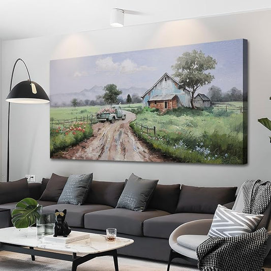 Arjun Landscape Wall Art Canvas Farmhouse Pictures Wall Decor for Living Room, Nature Farm Painting Green Countryside Barn Bedroom Picture Artwork Framed Home Office Wall Decor, Large 48"x24"