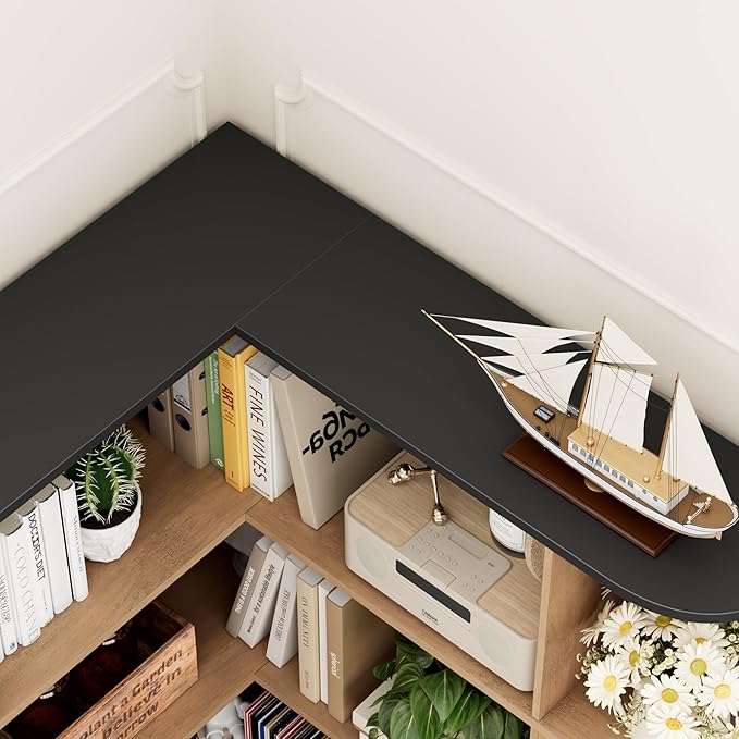 FOTOSOK 74” Tall Corner Bookshelf, 6-Tier Bookshelf and Bookcase with Open Storage, Tall Bookcases Wooden Storage Shelves for Home Office, Thickened Boards for Better Load Bearing, Black/Brown