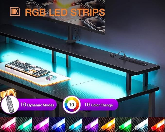 ODK 55 inch Gaming Desk with LED Lights & Power Outlets, Computer Desk with Monitor Stand & Storage Shelves, CPU Stand, Home Office Desk, Black