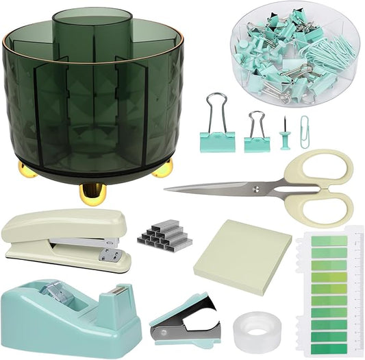 RAWILL Green Office Desk Accessories,10 Pcs Sage Green Desk Organizer Set,360° Rotating Pen Holder,Tape Dispenser,Staple Remover,Scissors,Stapler,Sticky Notes,Memo Pads,Adhesive Tape,Gifts for Office