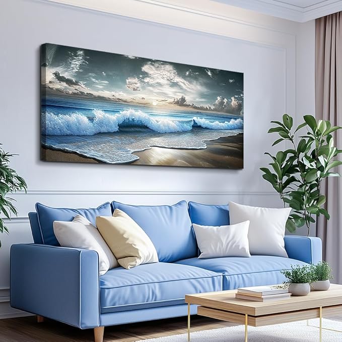 MHARTK66 Blue Ocean Canvas Wall Art Large Paintings For Living Room Landscape Nature Artwork For Walls Wall Decor For Bedroom Beach Pictures Wall Art Modern Office Waves Poster Decorations 24x48