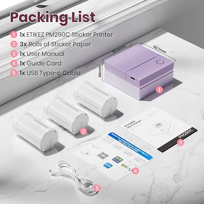 Sticker Printer, PM290C Portable Mini Printer, Inkless Bluetooth Sticker Maker with 3 Rolls Paper, Impresora Portátil for Notes, Journal, DIY, Gift, Print Pod for School/Office/Home, Purple