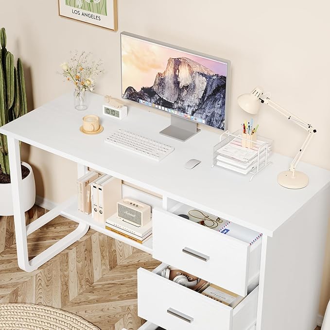 White Desk with Drawers, 47 Inch Computer Desk with 3 Drawers for Bedroom, Study Desk with Drawers for Small Spaces, Bottom Shelves