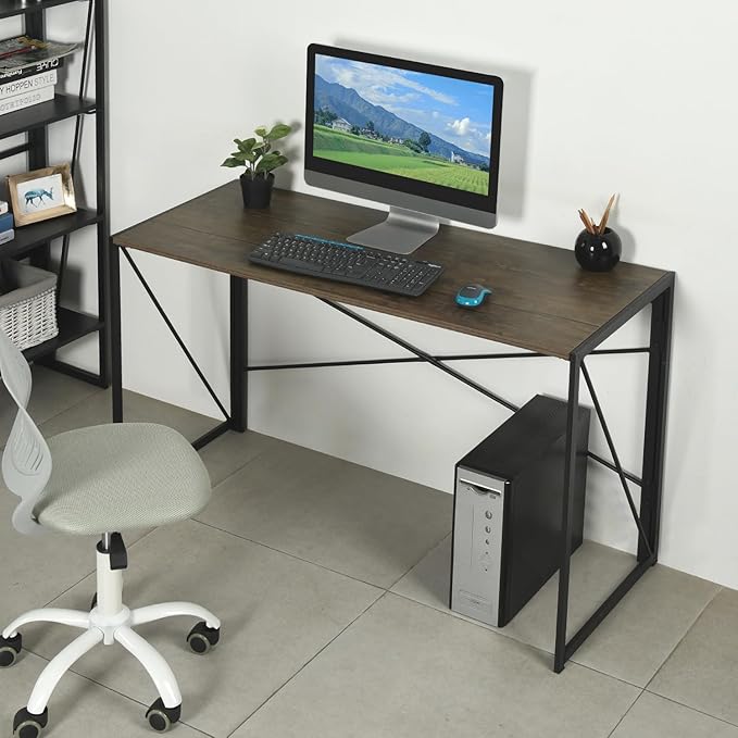 Homy Casa 47.2 Inch Foldable Laptop Desk, Space-Saving Computer Table with No Assembly Required, Sturdy Metal Frame, Minimalist Design for Home Office, Study, or Small Spaces, Vintage Brown