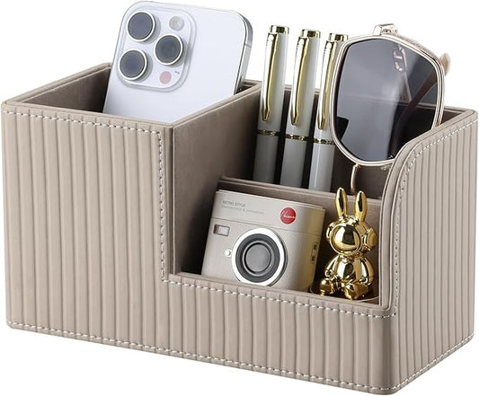 KINGFOM Desk Pen Organizer Office Supplies Caddy Pu Leather Multi-function Storage Box Pen/Pencil,Cell phone, Business Name Cards Remote Control Holder (Mocha Beige)