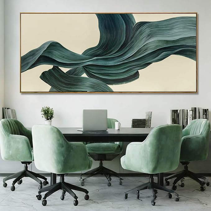 Large Abstract Canvas Wall Art 32x70 Inch, Dark Green Framed Canvas Wall Art, Modern Horizontal Printed Wall Art with Wooden Frame for Living Room Home Decor
