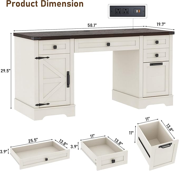 58'' Farmhouse Home Office Desk with Drawers, Wooden Executive Desk with Charging Station, File Drawers and Storage Cabinet, Computer Desk for Work, Study and Writing, Rustic White