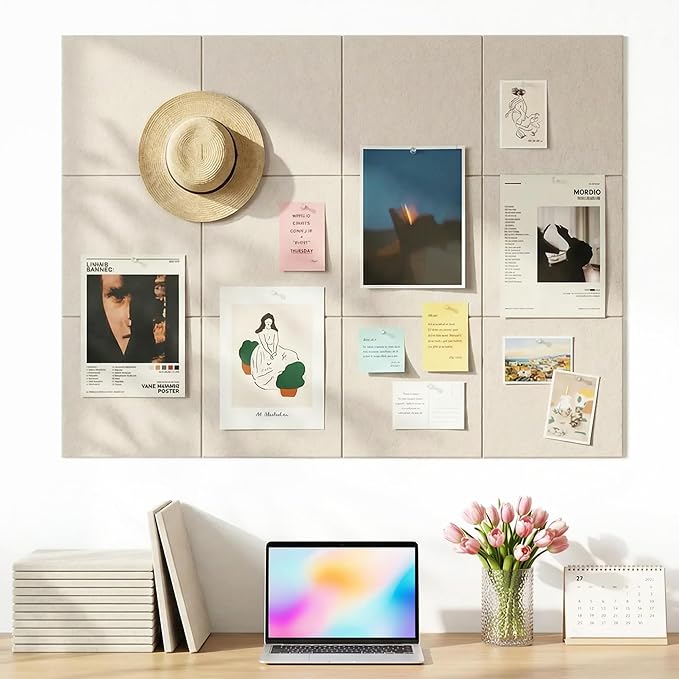 Aothia Felt Bulletin Board Tiles Large 48" x 36" Cork Board Alternative - 12-Pack with 70 Adhesive Tabs, Thick Slat Wall Panels for Office Decor, Push Pin Board Wall Organizer Alternative - Oatmeal