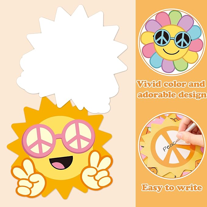 Xqumoi Retro Here Comes The Sun Bulletin Board Decorations - 84Pcs Groovy Hippie Boho Cutouts Name Tags Checkerboard Boarder Trim Back to School Classroom Preschool Kindergarten Chalkboard Wall Decor