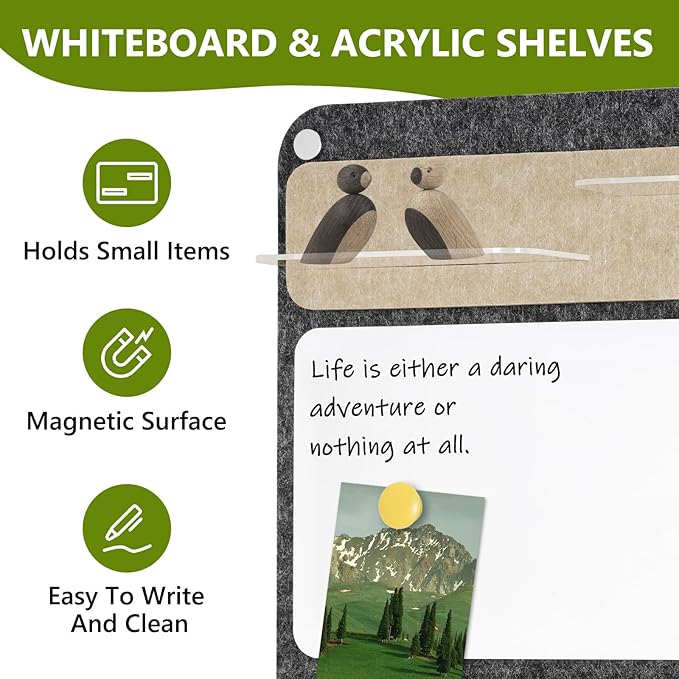 DOLLAR BOSS 3-in-1 Foldable Bulletin Board 16"x24" Vertical- Magnetic Whiteboard with Cork & Acrylic Shelves, Sound-Absorbing Felt for Home/Office/Dorm Includes Pins/Magnets (Grey)