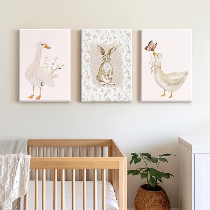 Vintage Nursery Wall Art Goose Canvas Poster Coquette Wall Decor Baby Girl Painting Kids Poster Bunny Rabbit Prints Cute Animal Pictures Duck Artwork for Bedroom Living Room 12x16x3 Inch Ready to Hang