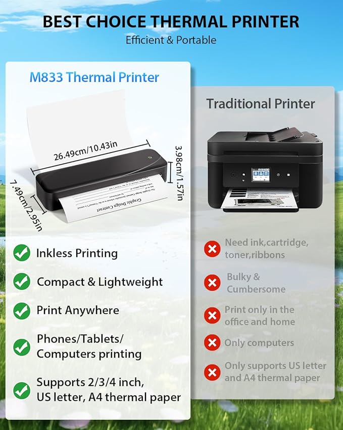 Memoking Portable Printers Wireless for Travel, Inkless Thermal Printer 8.5" x 11" Letter Paper for Phone & Laptop, 304DPI HD Quick Print Mobile Bluetooth Small Printers for Home Office or School