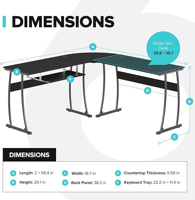 RIF6 L Shaped Modern Computer Home Office Gaming Desk with Keyboard Tray and Cable Management, Easy Assembly, Black