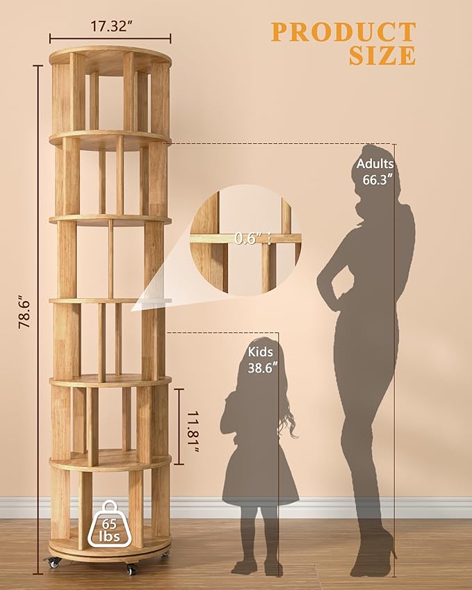 Rotating Bookshelf, 6 Tier Solid Wood Bookshelf Tower with Lockable Wheels, 360° Spinning Revolving Bookcase for Small Spaces, Corners, Bedroom, Kids Room, Home Office, Natural