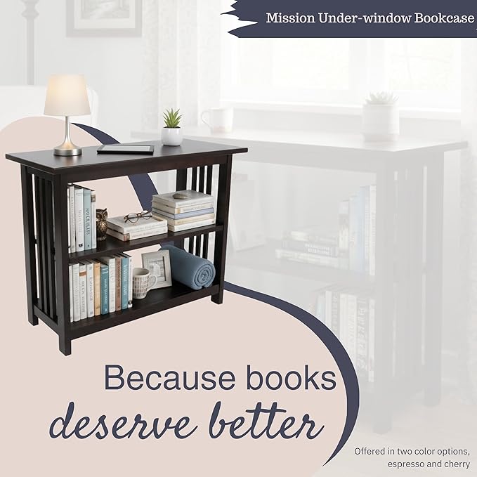 Alaterre Furniture Mission 3-Tier Under Window Bookshelf with Adjustable Middle Shelf and Vertical Slat Side Panels – Space Saving Bookcase for Office, Living Room, or Bedroom (Espresso)