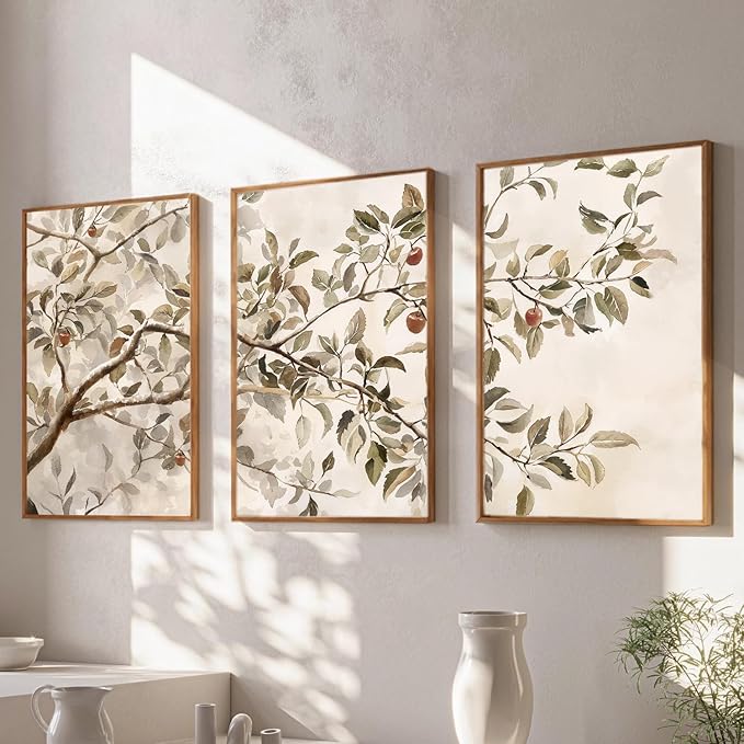 HLNIUC Apple Tree Vintage Framed Wall Art Set, Botanical Branch Canvas Wall Decor, Rustic Farmhouse Leaves Wall Painting, Retro Nature Plant Art Print for Living Room, Bedroom, Office - 16"x24"x3