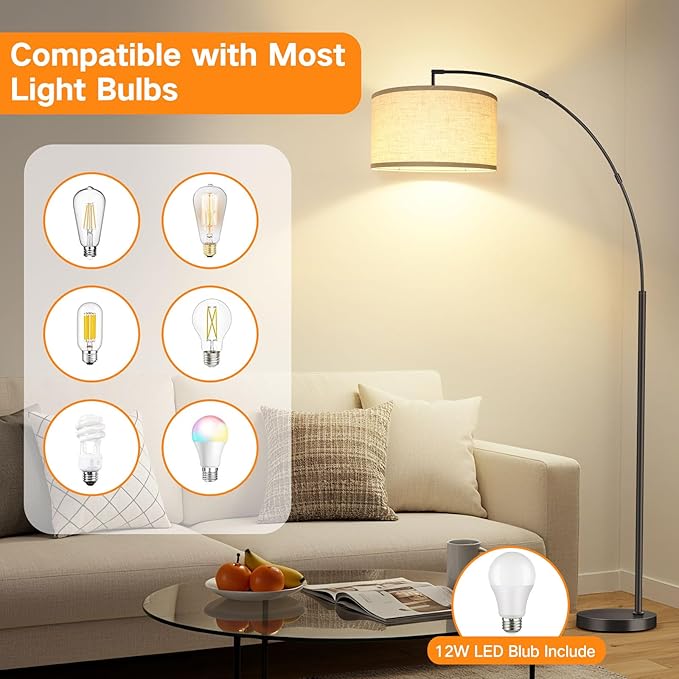 OUTON 81" Arc Floor Lamp, 12W 1080LM LED Dimmable Floor Lamp with 16" Beige Lampshade, Remote Control & Foot Switch, 4 Colour Temperatures, Tall Standing Lamp for Living Room Bedroom Office, Black