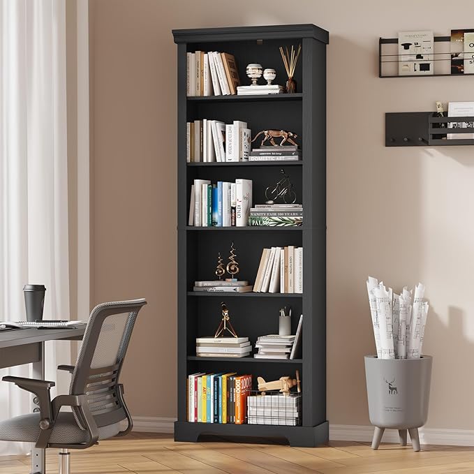 6-Tier Bookshelf, 73 inch Tall Bookcase with 2 Adjustable Shelves, Book Shelf with Anti-Tipping Device, Wooden Bookcase for Study Room, Living Room, Home Office, Bedroom (Black)