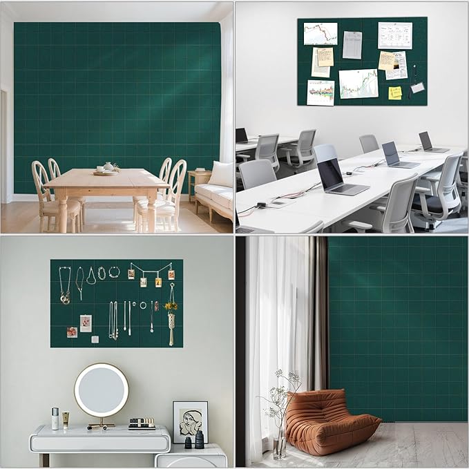 Large Felt Cork Board Alternative - 36" x 24" Bulletin Board with 30 Pushpins, 6 Pack Adhesive Cork Board, Sound Absorbing Fabric Wall Tiles, for Office Home Music Class, Dark Green