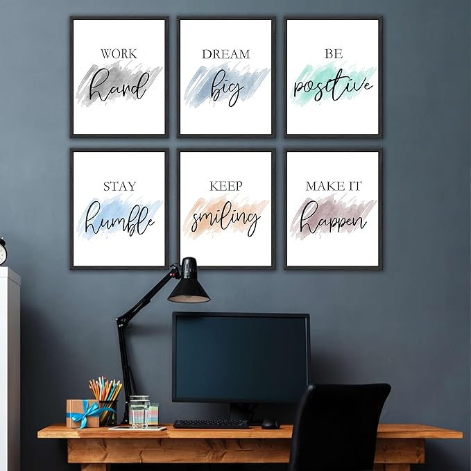 Drsoum Motivational Wall Decor Inspirational Office Wall Art Quotes Framed Wall Art for Living Room Encouraging Canvas Posters for Office Bedroom Sayings for Wall Decor - 8” x10” x6 PCS (Black Framed)