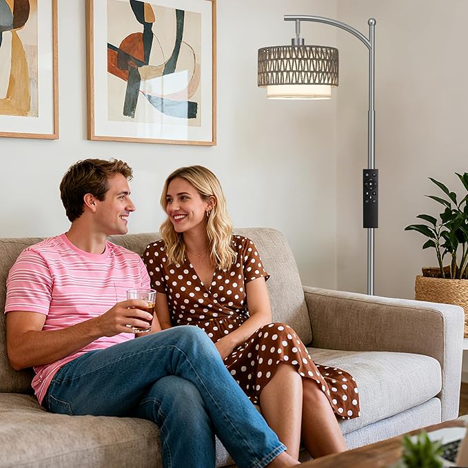 Ambimall Arc Floor Lamp for Living Room with Remote, Color Temperature & Brightness Adjustable, Boho Standing Lamp with Rattan & Fabric Double Drum Shades, Bulb Included(Deep Gray)