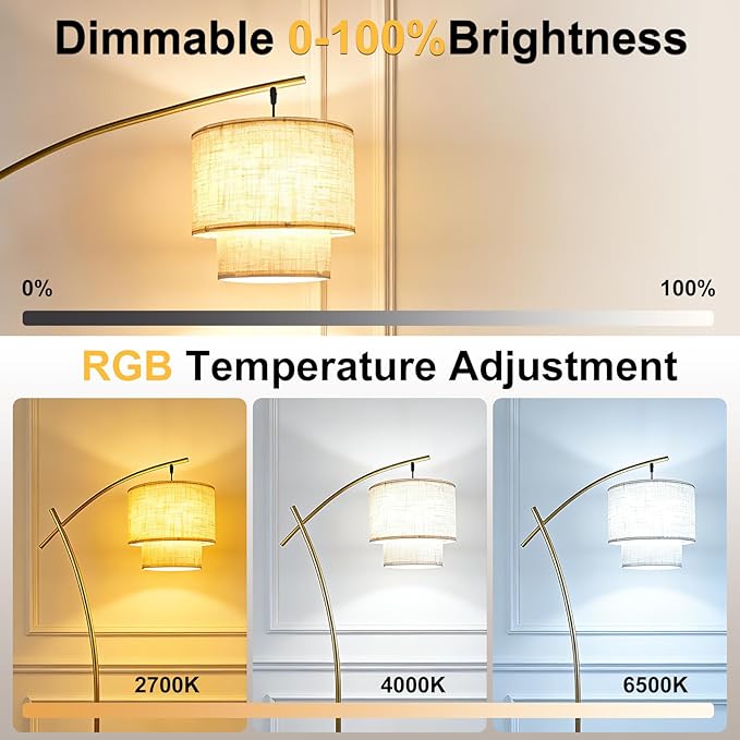 Lightdot Arc RGB Floor Lamp for Living Room, Modern Standing Lamps with Remote Control, Corner Lamp Tall Hanging Pole Lamp with Smart Bulb Included Double Linen Lamp for Bedroom Sofa Beside/Home Decor