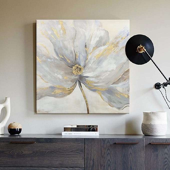 Goldfoilart Flower Canvas Wall Art Abstract Floral Picture with Gold Foil Embellishment Oil Painting Textured Print on Canvas Large for Bedroom Bathroom Living Room Home Decor 32" x 32"