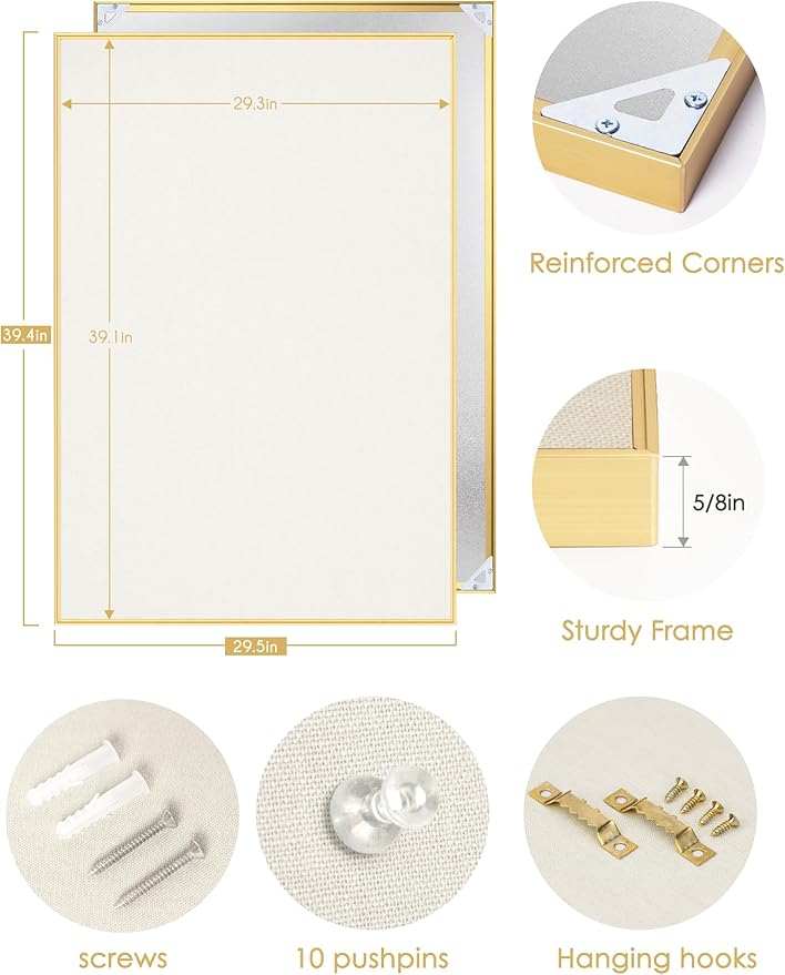 Bulletin Board 40 x 30 inches, Oatmeal White Pin Board, Golden Aluminum Framed Fabric Cork Board with 10 Push Pins