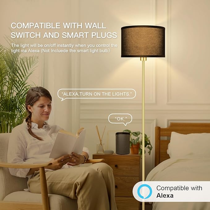 Gold Floor Lamps for Living Room, Modern Bright Standing Lamp, Black Lamp Shades, Foot Switch, Simple Pole Lamps Corner Lamp for Bedroom,Office, Living Room, Den, Black Living Room Lamp(No Bulb)