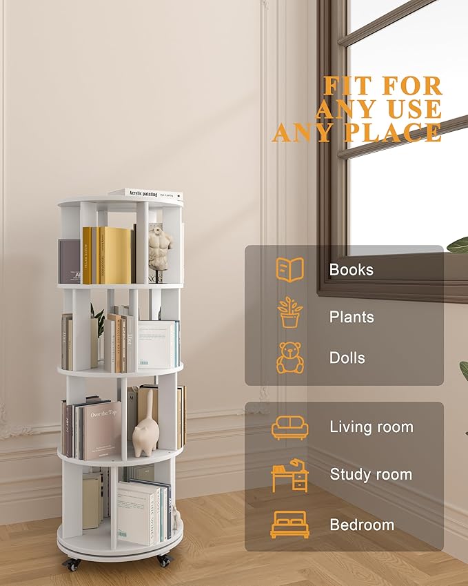 Rotating Bookshelf, 4 Tier Solid Wood Bookshelf Tower with Lockable Wheels, 360° Spinning Revolving Bookcase for Small Spaces, Corners, Bedroom, Kids Room, Home Office, White