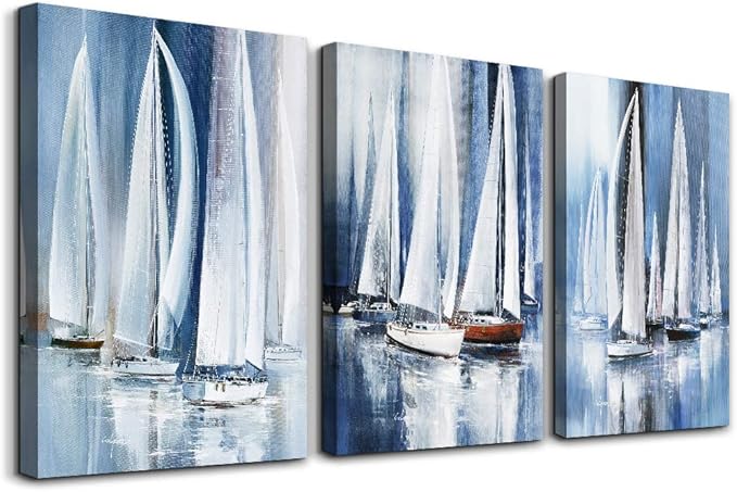 3 Piece Framed Canvas Wall Art For Living Room Large Size Bedroom Wall Decor Art Ocean Landscape Sea Sailboat Abstract Canvas Painting Ready To Hang Office Home Decoration Poster Pictures Artworks