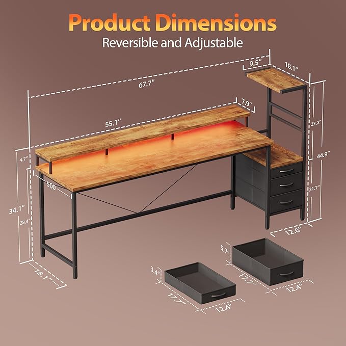 Mericonia Gaming Desk with Power Outlets & LED Lights, Reversible Computer Desk with PC Case Stand, Fabric Drawers, Modern Office Desk with Shelves, Monitor Stand