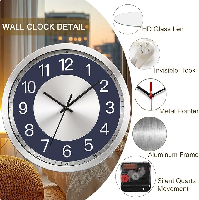 Silent Wall Clock Battery Operated,Modern Metal Wall Clock Decorative for Living Room/Kitchen/Home/Office/School,12 inch