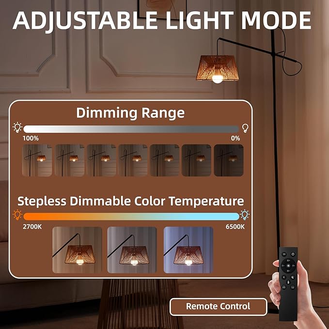 Arc Floor Lamp with Remote, Boho Floor Lamp with 3 Color Temperatures, 2700K-6500K Dimmable Rattan Standing Lamp with LED Bulb and Foot Switch, Adjustable Tall Lamp for Living Room Bedroom