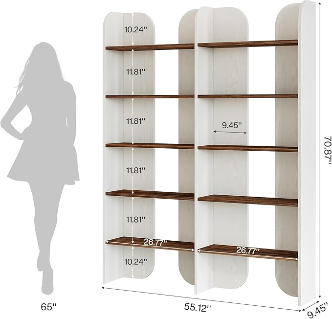 Tribesigns 5-Tier Farmhouse Bookshelf, 70.87-Inch Tall Double Wide Bookcase with Open Shelves, Vintage Floor Standing Book Shelf (1, White+Brown)