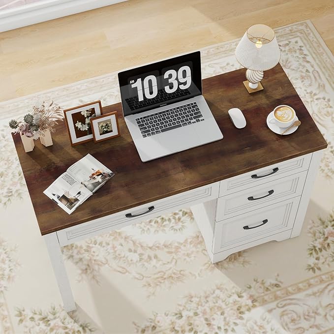 Farmhouse Executive Desk with Drawers, Wood Computer Desk with Ample File Drawer, Rustic Home Office Desk with Storage for Bedroom, Living Room, White