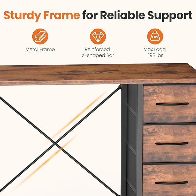 Sweetcrispy Desk with 8 Fabric Storage Drawers, Computer Office 47 Inch Gaming Writing Study Table with X-Shaped Reinforced Structure for Home Office Bedroom PC Desk, Brown