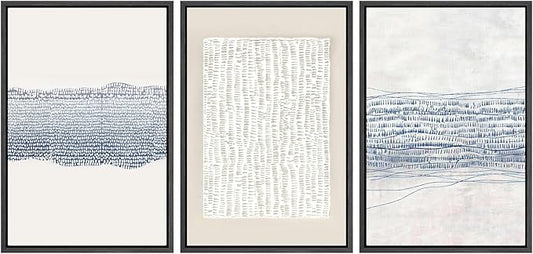 SIGNWIN Framed Canvas Print Wall Art Set Blue White Grunge Geometric Pattern Abstract Shapes Cozy Neutral Modern Art Decorative Contemporary Minimal for Living Room, Bedroom, Office - 24"x36"x3 Black