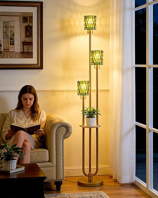 3-Light Modern Glass Floor Lamp with Shelf, Gold Tall Standing Lamp with Green Flower Glass Shade, Industrial LED Floor Lamp with Foot Switch for Living Room Bedroom Home Decor, Bulb Included