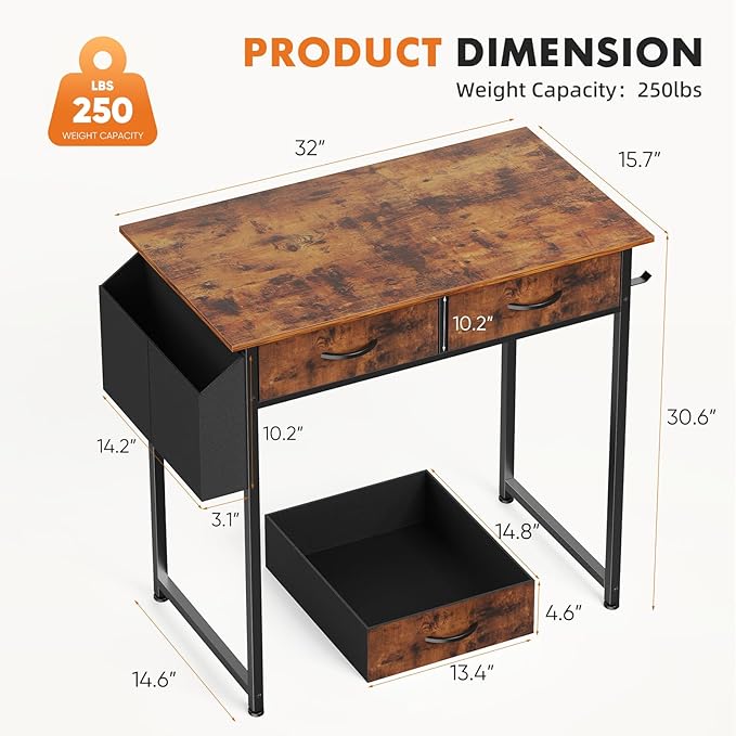 Sweetcrispy Computer Desk Small Home Office Bedroom Writing Study PC Tabke with Storage Space Fabric Side Bag Headphone Hook Metal Frame Adjustable Feet Modern Simple Style