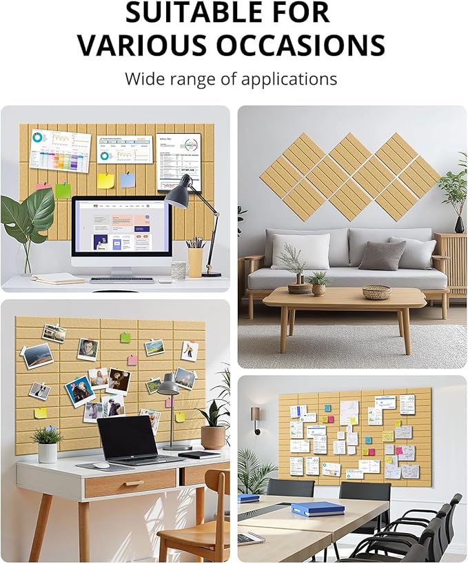Large Cork Board, 12 Pack 12"X12"X0.4" Felt Bulletin Board Tiles for Wall Home Office Decor, Pin Cork Boards with 60 Adhesive Tabs Longan Yellow
