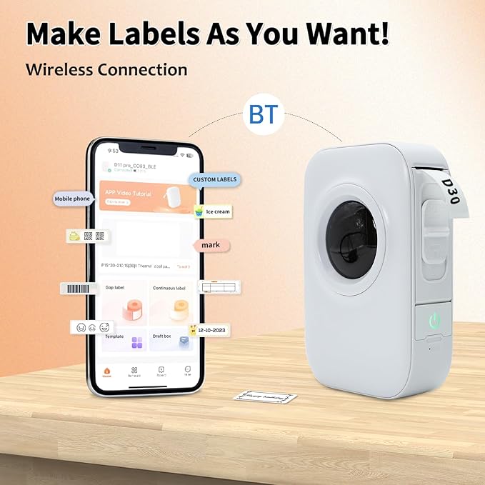D30 PRO Label Printer Pocket Smartphone Label Maker BT Wireless Thermal Printing 203DPI Support 15mm Width Adhesive DIY Date Journal Study Sticker Compatible with Android iOS for Home Office