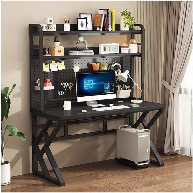 47in Gaming Desk with Bookshelf Combo, Computer Desk with Pegboard, Large Writing Table with Desktop Shelves, Ample Leg Room, for Home Office (Black, 47in)