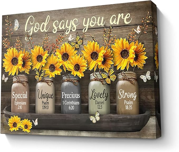 Parylore Vintage Sunflower Wall Art Canvas Christian Scripture Decor Print God Says You Are Painting Framed Modern Artwork For Living Room Bedroom Bathroom Office Home 12x16 In