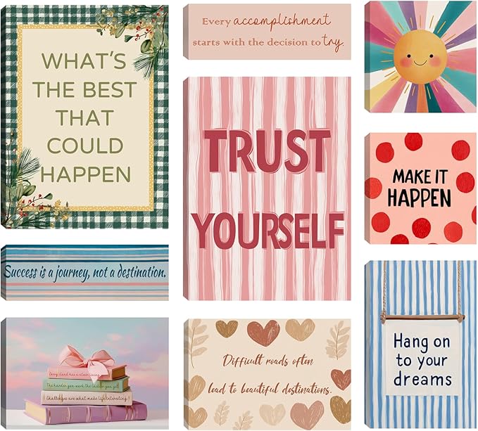Motivational Wall Decor Posters Inspirational Wall Art for Living Room Bathroom Bedroom Decor For Teen Girls - Wall Decor Office Gifts For Women With Framed Canvas Set of 9 Artwork Ready to Hang