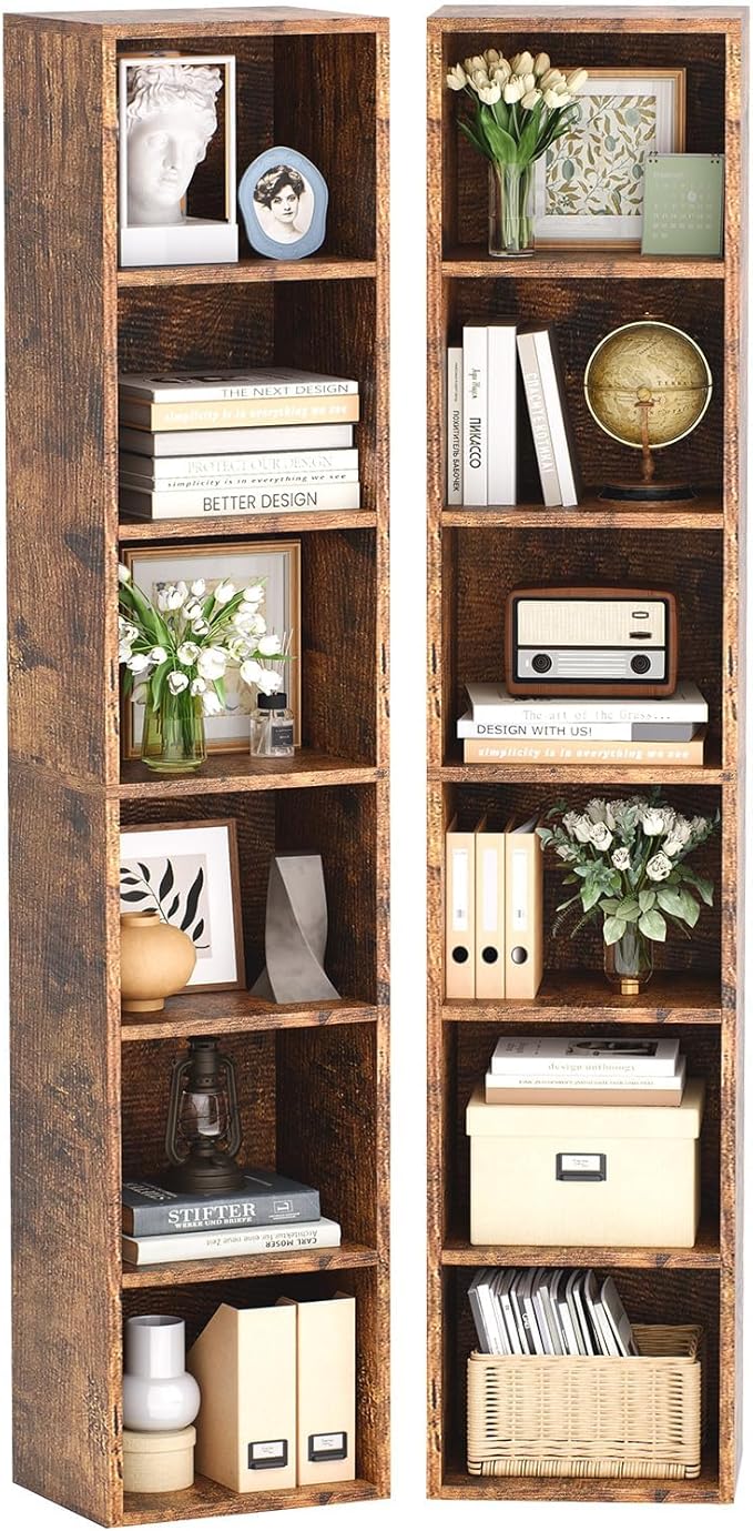 Narrow Bookshelf & Bookcase Set of 2, 6-Tier Floor Standing Open Book Shelf, Modern Corner Bookshelf with Storage Space, 71.5" Tall Bookshelves for Bedroom, Living Room and Office, Brown